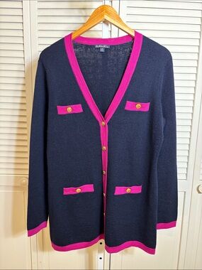 Brooks Brothers $278 Wool Navy Cardigan with Hot Pink Trim & Gold Buttons Medium